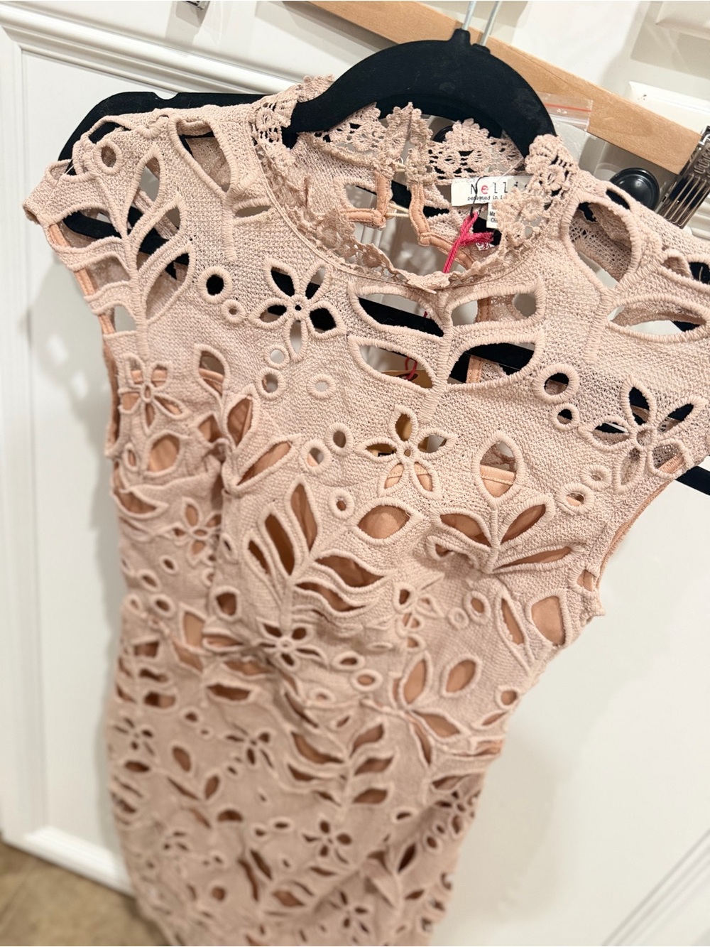 Sleeveless Blush Lace Cutout Mini Dress - Picture 3 of 5